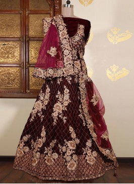 Velvet Embroidered Lehenga Choli in Wine