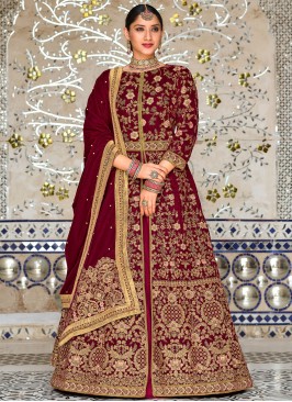 Velvet Embroidered Lehenga Choli in Wine