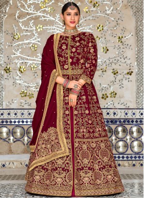 Velvet Embroidered Lehenga Choli in Wine