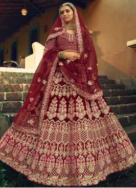 Velvet Embroidered Maroon Trendy Lehenga Choli