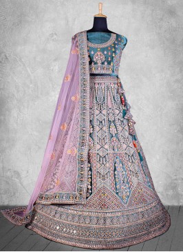 Velvet Embroidered Navy Blue A Line Lehenga Choli