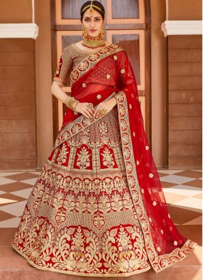 Velvet Embroidered Red Bollywood Lehenga Choli