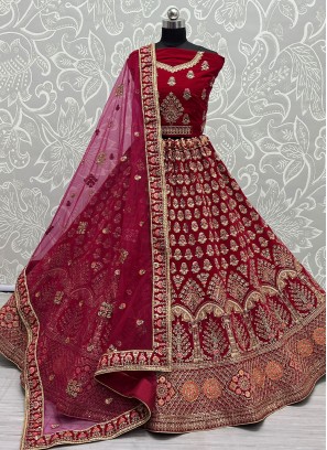 Velvet Hot Pink Multi Trendy Lehenga Choli