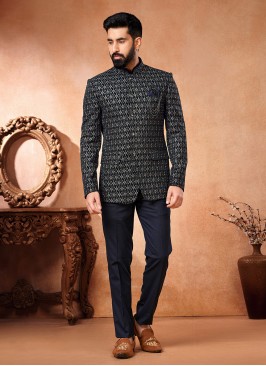 Velvet Jodhpuri Jacket in Navy Blue