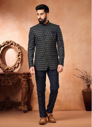 Velvet Jodhpuri Jacket in Navy Blue