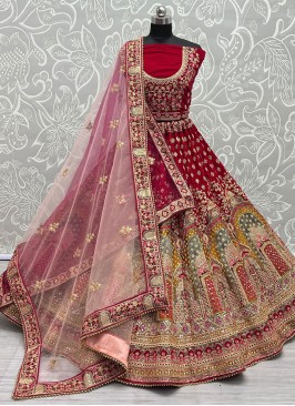 Velvet Lehenga Choli in Red