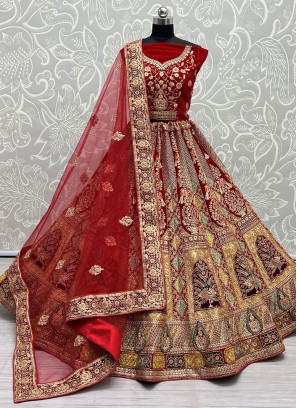 Velvet Lehenga Choli in Red