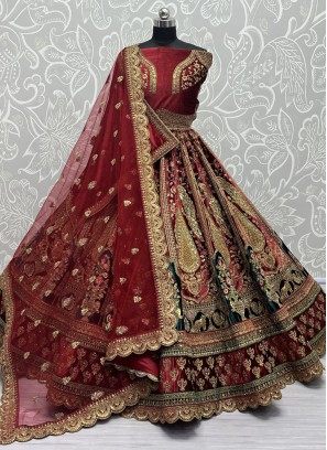 Velvet Maroon Embroidered Lehenga Choli