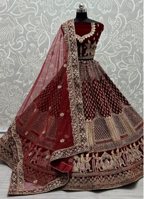 Velvet Maroon Zari A Line Lehenga Choli