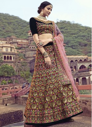 Velvet Resham Lehenga Choli in Navy Blue