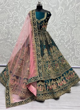 Velvet Sea Green Fancy Trendy A Line Lehenga Choli