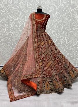 Velvet Sequins Designer Lehenga Choli in Orange