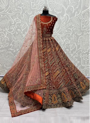Velvet Sequins Designer Lehenga Choli in Orange
