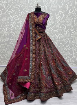 Velvet Sequins Maroon and Purple Designer Lehenga Choli