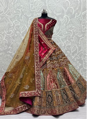 Velvet Thread Work Lehenga Choli in Multi Colour