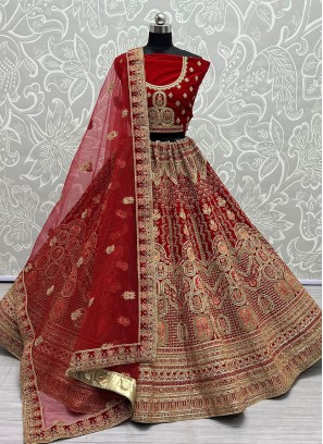 Velvet Thread Work Lehenga Choli in Red