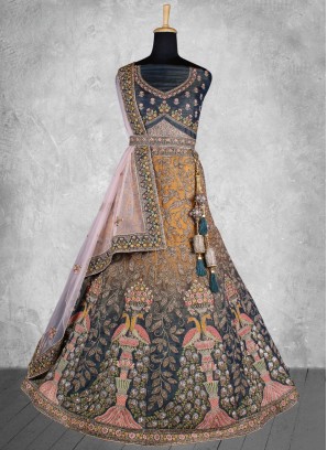 Velvet Zardosi Work Grey and Teal Lehenga Choli