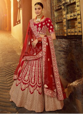 Velvet Zari Designer Lehenga Choli in Red