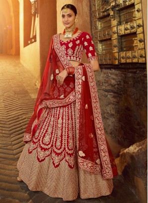 Velvet Zari Designer Lehenga Choli in Red