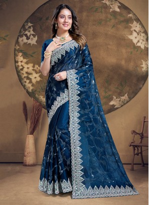 Versatile Morpeach  Embroidered Designer Saree