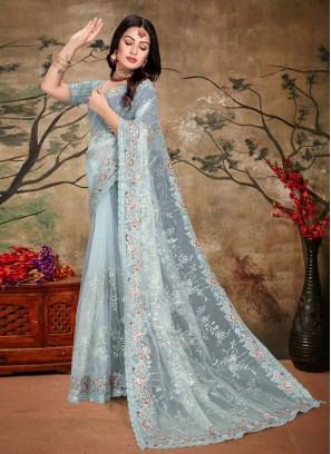 Versatile Net Aqua Blue Saree