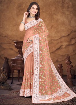 Versatile Organza Peach Resham Contemporary Saree