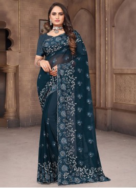 Versatile Teal Embroidered Georgette Saree