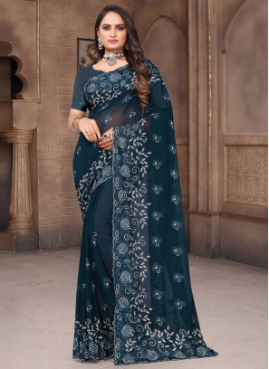 Versatile Teal Embroidered Georgette Saree