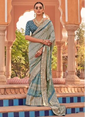 Vibrant Aqua Blue Designer Saree