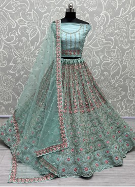 Vibrant Aqua Blue Thread Work Net A Line Lehenga Choli