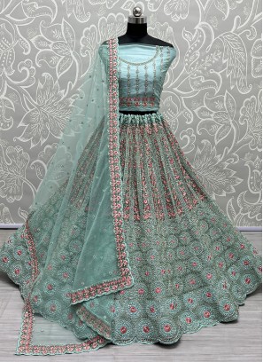 Vibrant Aqua Blue Thread Work Net A Line Lehenga Choli