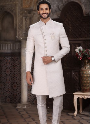 Vibrant Cream Banarasi Jacqard indo western.