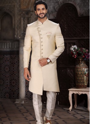 Vibrant Cream Banarasi Jacqard indo western.