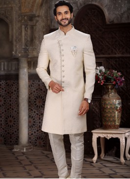 Vibrant Cream Banarasi Jacqard indo western.