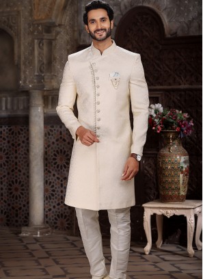 Vibrant Cream Banarasi Jacqard indo western.