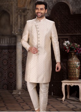 Vibrant Cream Banarasi Jacqard indo western.