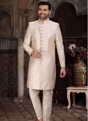 Vibrant Cream Banarasi Jacqard indo western.