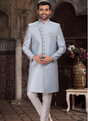 Vibrant Sky Blue Banarasi Jacqard indo western.