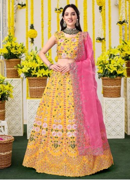 Vibrant Embroidered Satin Silk Yellow A Line Lehenga Choli
