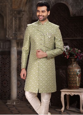 Vibrant Green Banarasi Jacqard indo western.