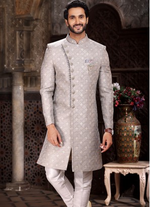 Vibrant Gray Banarasi Jacqard indo western.