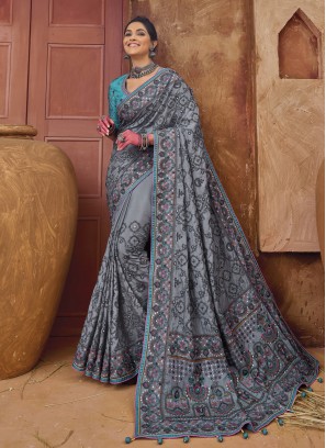 Vibrant Grey Banarasi Silk Classic Saree