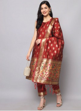 Vibrant Jacquard Work Silk Red Designer Salwar Sui