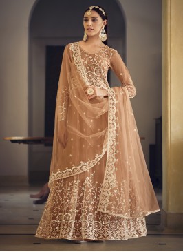 Vibrant Net Brown Embroidered Anarkali Salwar Suit