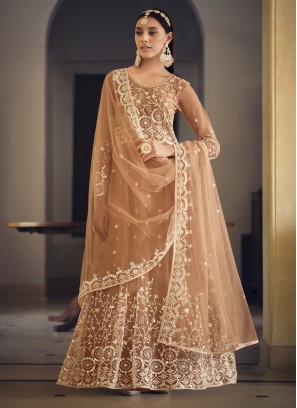 Vibrant Net Brown Embroidered Anarkali Salwar Suit
