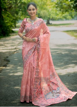 Vibrant Peach Printed Classic Saree