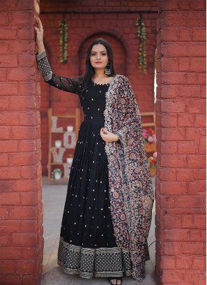 Vibrant Black Embroidered Faux Blooming Georgette Festive wear Gown