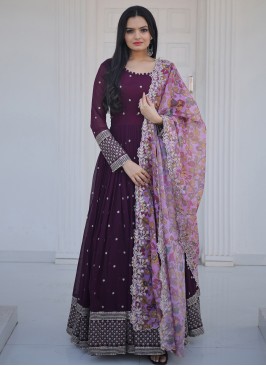 Vibrant Wine Embroidered Faux Blooming Georgette Festive wear Gown
