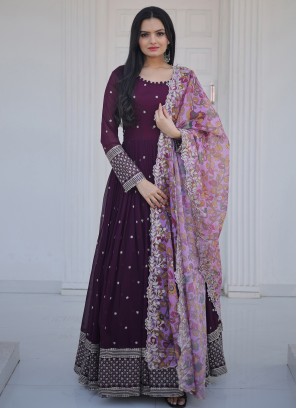 Vibrant Wine Embroidered Faux Blooming Georgette Festive wear Gown