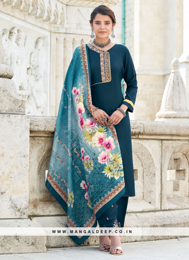 Vibrant Rayon Teal Embroidered Trendy Salwar Suit